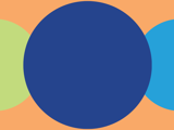 orange background with medium blue, navy, green circles