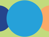 green background with orange, navy, medium blue circles