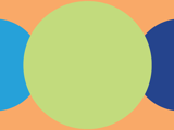 orange background with medium blue, navy, green circles